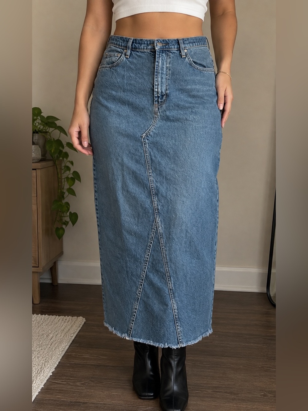 Cotton On Denim Maxi Skirt US 8 Blue Raw Hem Back Slit